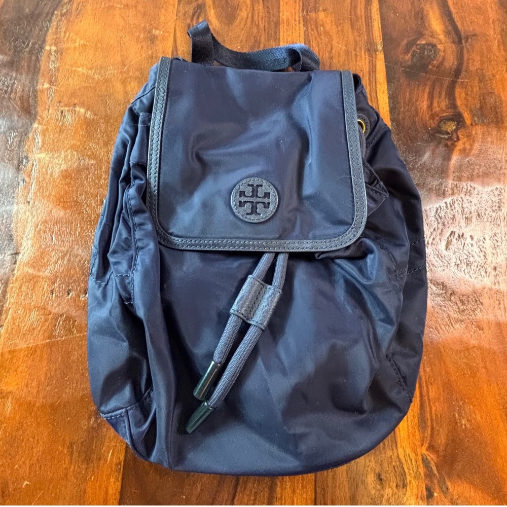 Tory Burch Ella Mini Backpack Navy Blue Nylon Drawstring Bag Gold Hardware